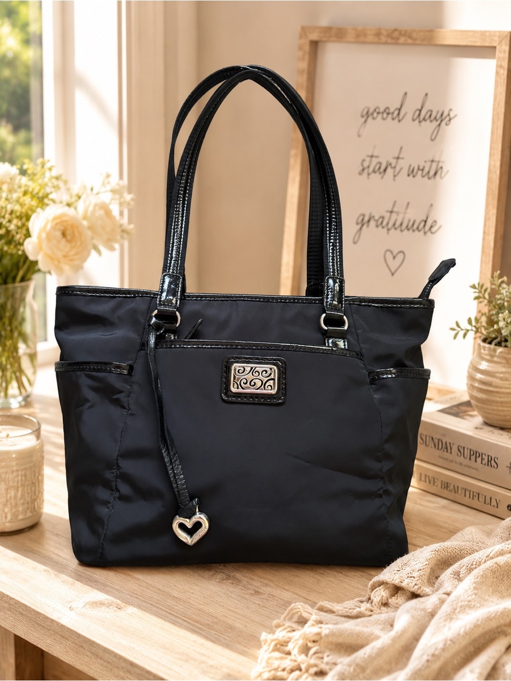 Brighton Black Nylon Shoulder Bag with Heart Charm